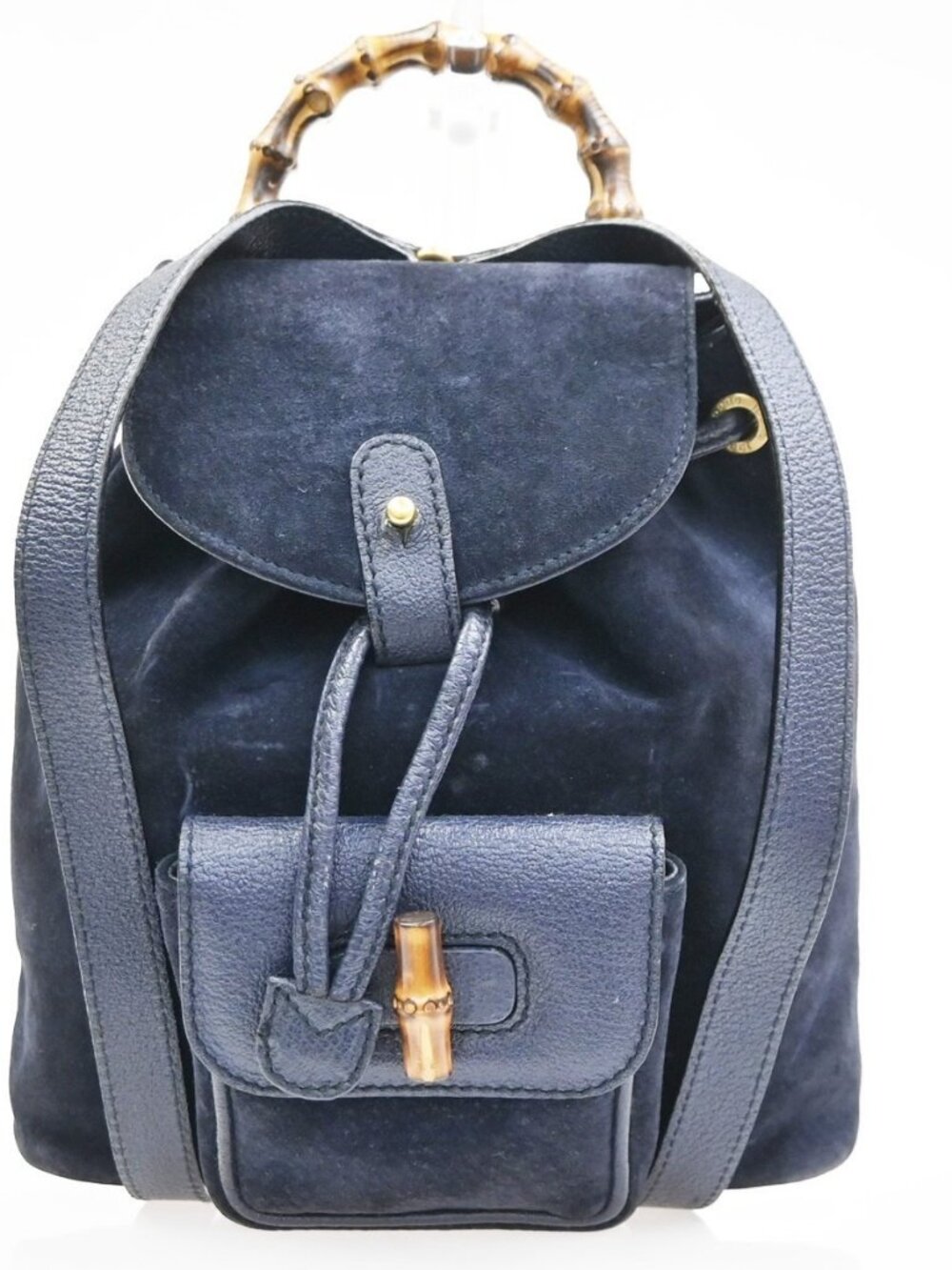GUCCI Bamboo Logo 2way Back Pack Bag Suede Leather Navy Blue GHW Italy 38MA494 - Picture 1 of 16